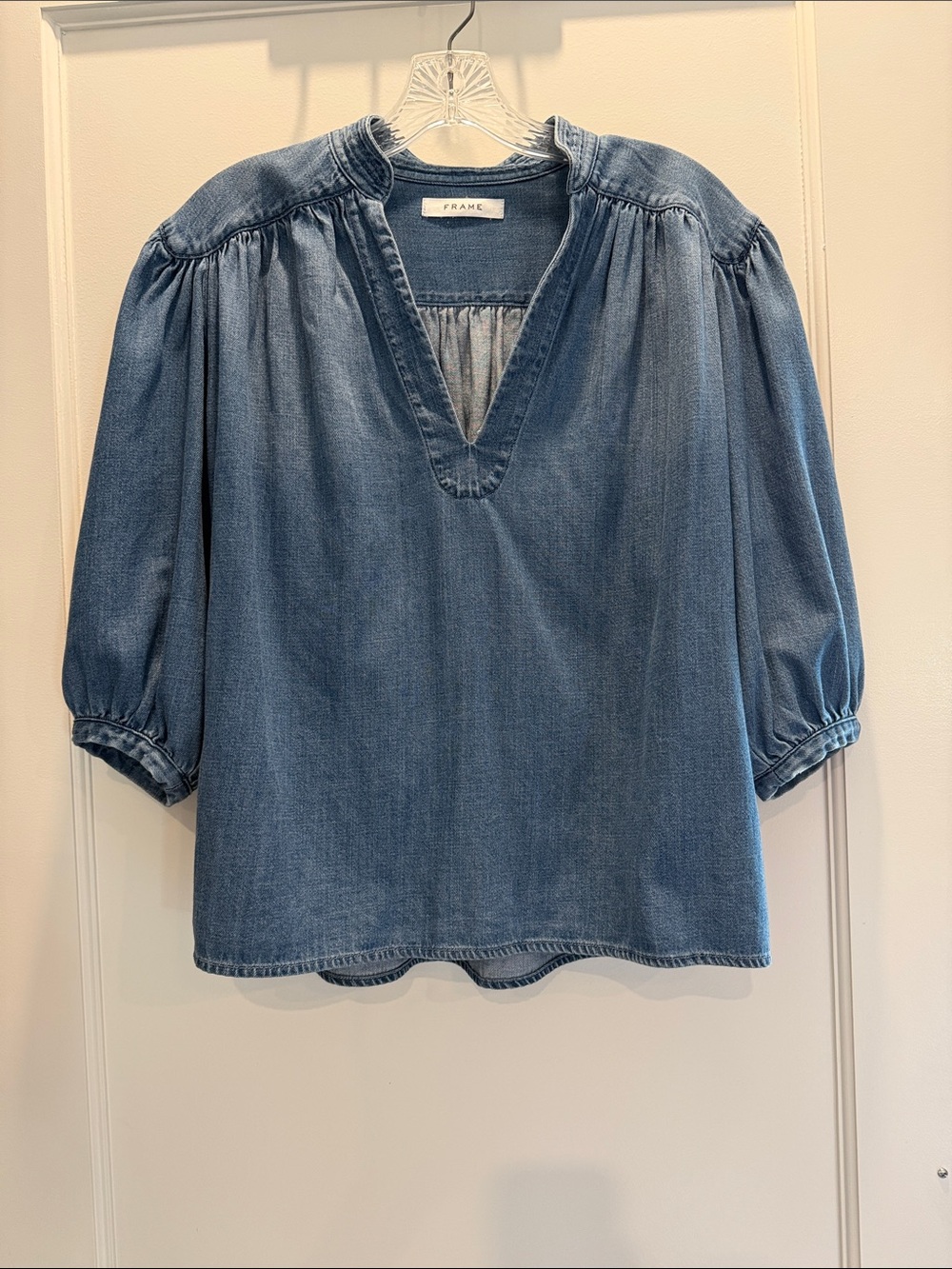 Frame Denim Light Blue V-Neck Peasant Top